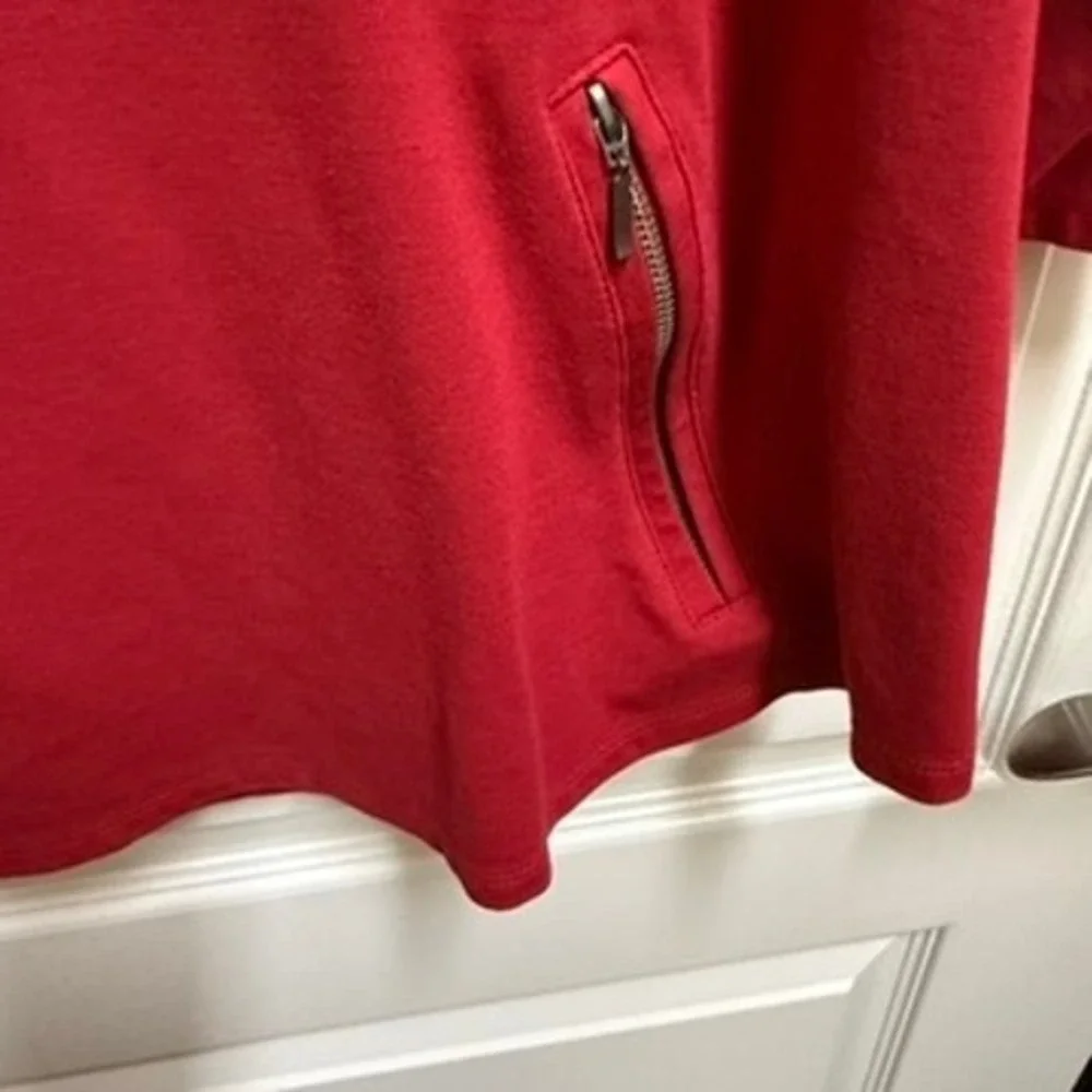 Chicos Womens Red 3/4 Sleeve Scoop Neck Knit Top Front‎ Zipper Pockets Size 2 L
